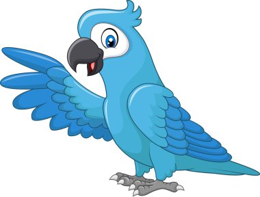 Çizgi film komik mavi papağan sunumu beyaz arkaplanda izole edildi
