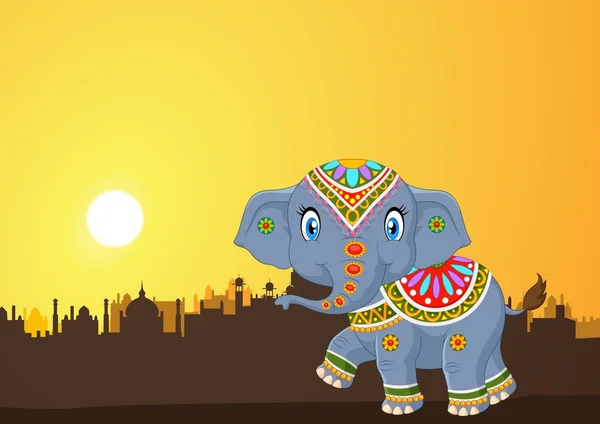 Cute elephant mascot wearing traditional costume on the sunset background — Stock Vector