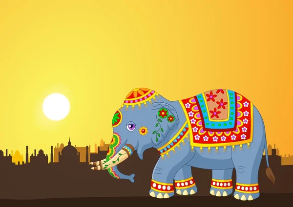 Elefante de dibujos animados con traje tradicional en el fondo del atardecer — Vector de stock