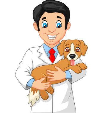 Veteriner kucağında küçük bir köpek tutuyor