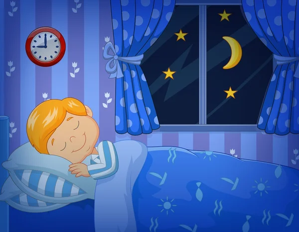 Dibujos animados niño durmiendo en la cama — Vector de stock