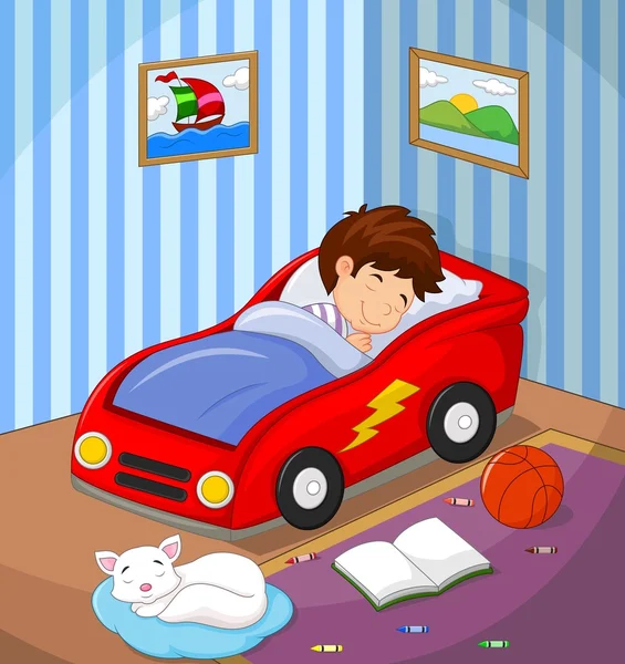 El chico estaba dormido en la cama del auto. — Vector de stock