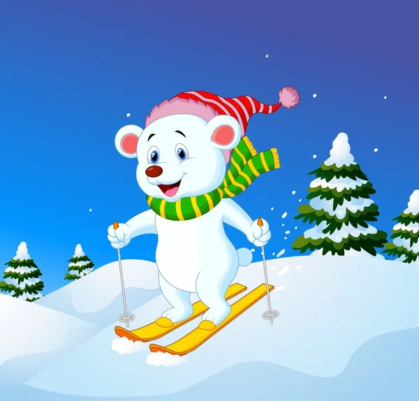 Cartoon ijsbeer skiën een berghelling — Stockvector