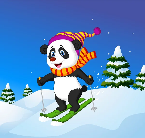 Panda kartun bermain ski menuruni lereng gunung - Stok Vektor
