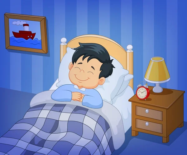 카툰 미소를 띤 어린 소년이 침대에서 자고 있다 — 스톡 벡터