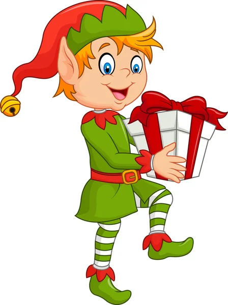 Happy green elf boy holding gifts — Stock Vector