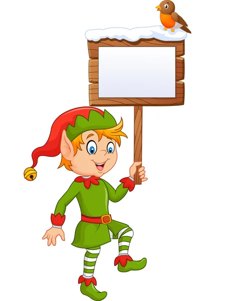 Cartone animato divertente elfo ragazzo in possesso di segno vuoto con uccello pettirosso — Vettoriale Stock