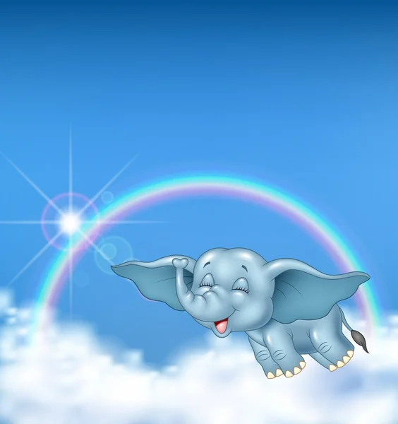 Schattige baby olifant vliegen op regenboog achtergrond — Stockvector