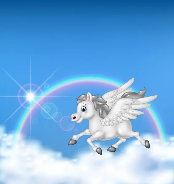 Beautiful pegasus flying on rainbow background — Stock Vector