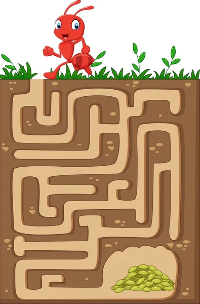 Ayuda hormiga roja para encontrar el camino a los granos de comida en un laberinto subterráneo . — Vector de stock