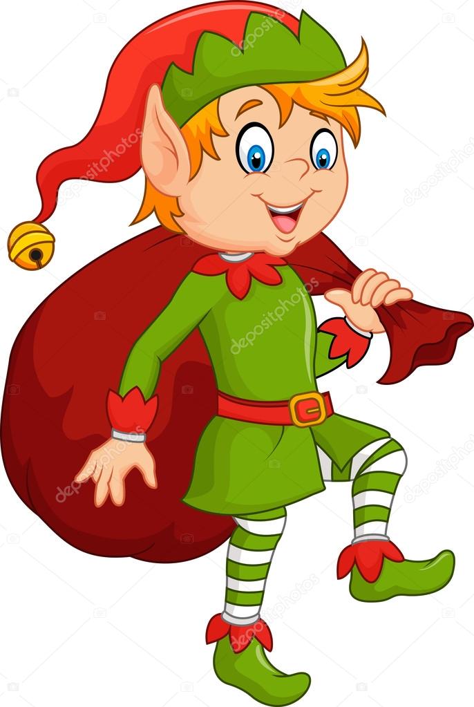 Cartoon cute elf with sack