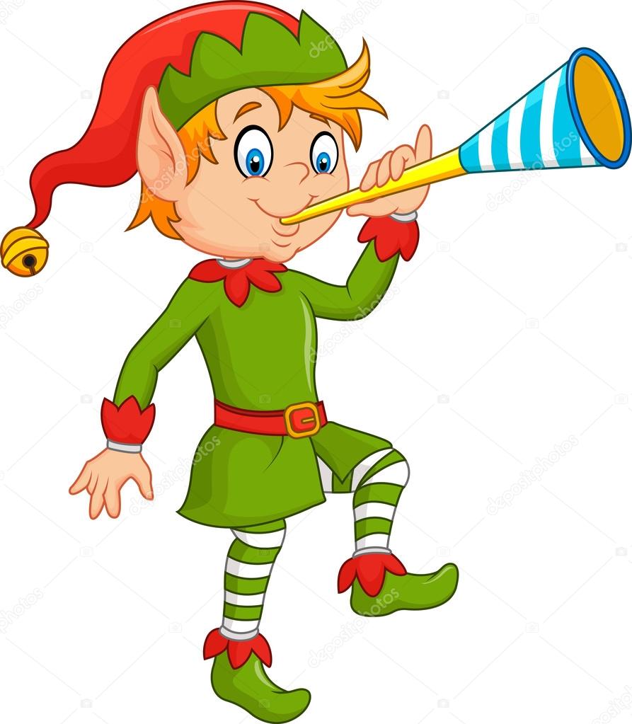 Cartoon funny elf blowing trumpet