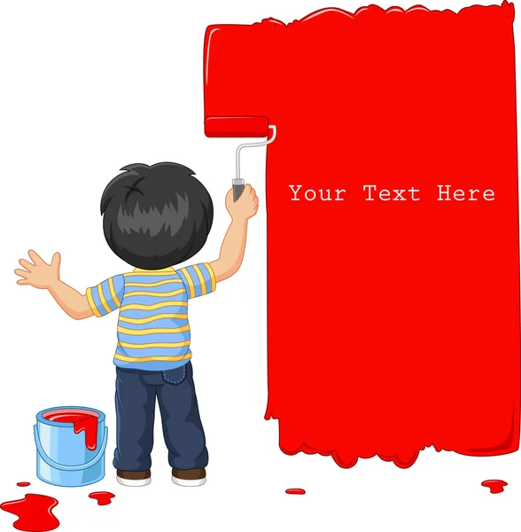 Petit garçon mignon peignant le mur avec une couleur rouge — Image vectorielle