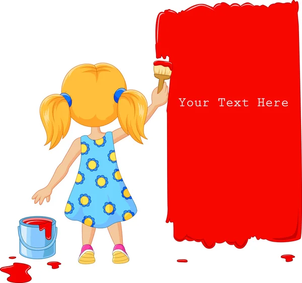 Cute little girl painting the wall with red color — Stock Vector