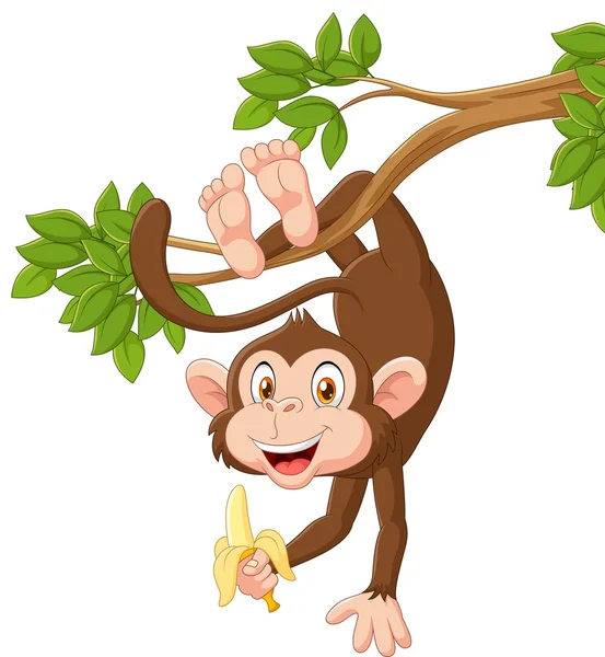 Cartoon feliz macaco pendurado e segurando banana — Vetor de Stock