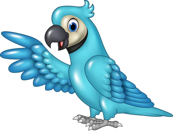 Cartone animato divertente macaw blu presentando isolato su sfondo bianco — Vettoriale Stock
