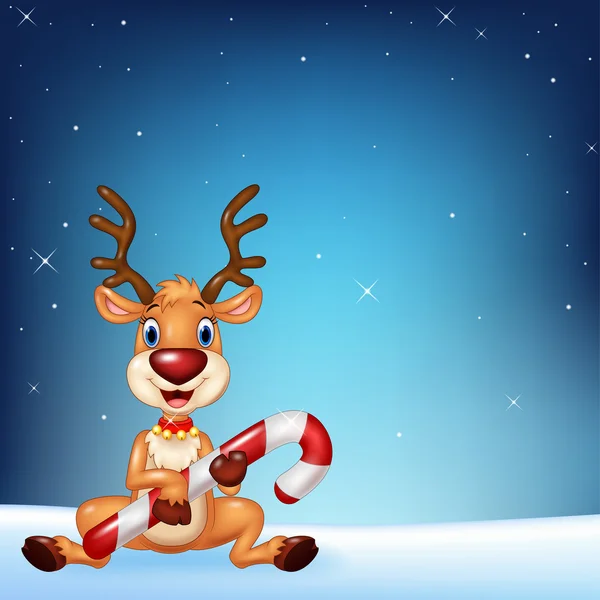 Cervo bonito segurando doces de Natal em um fundo céu noite — Vetor de Stock