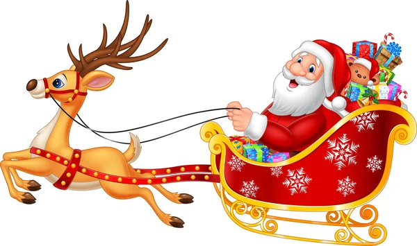 Cartoon funny Santa in his Christmas sled being pulled by reindeer — Stock Vector