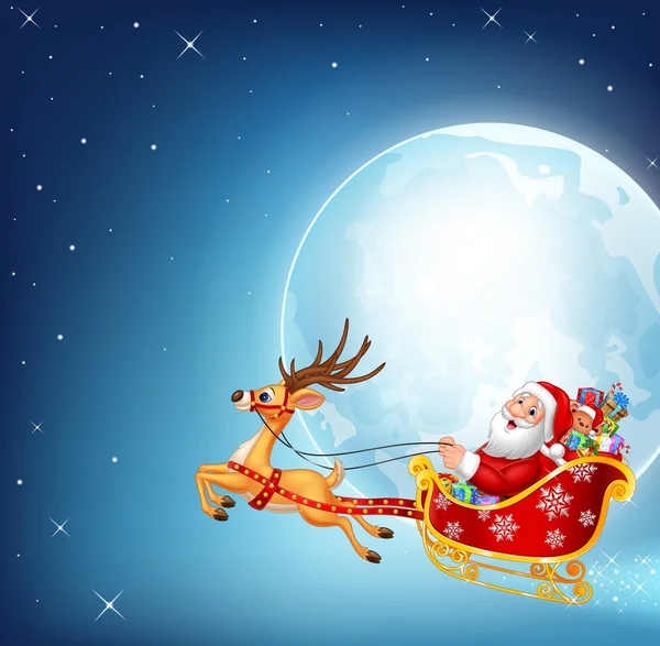 Ilustração de Papai Noel feliz em seu trenó de Natal sendo puxado por renas — Vetor de Stock