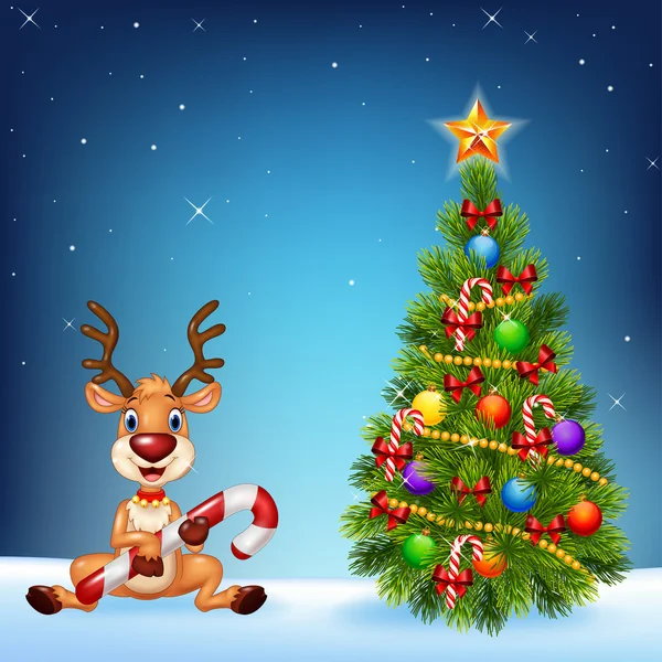 Cartone animato cervo felice con albero di Natale su uno sfondo cielo notturno — Vettoriale Stock