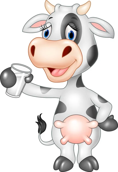 Cartoon funny cow holding a glass of milk isolated on white background — Stock Vector