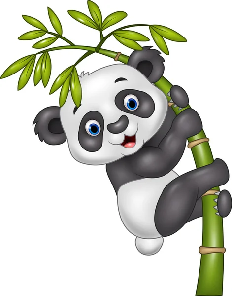 Lindo divertido bebé panda colgando en el árbol de bambú — Vector de stock