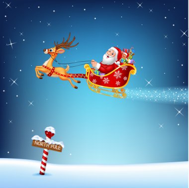 Mutlu Noel Baba 'nın Noel kızağı ren geyikleri tarafından çekiliyor.