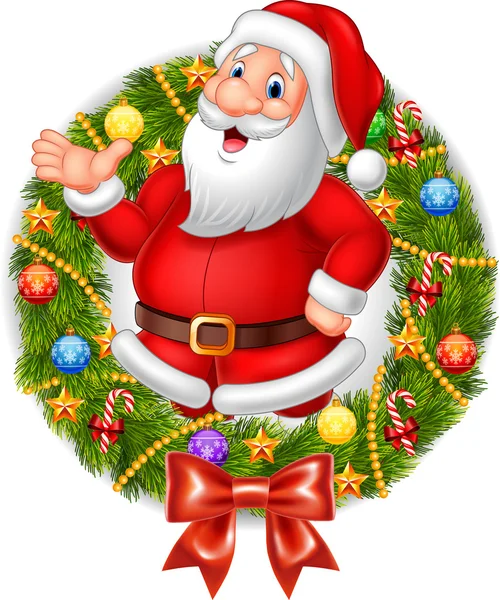 Cartoon santa claus waving hand with Christmas wreath — Stock Vector