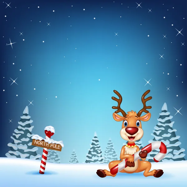 Ciervo de dibujos animados sosteniendo dulces de Navidad con fondo de invierno — Vector de stock