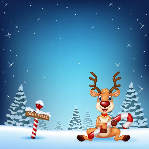 Cartoon deer holding Christmas candy with winter background — Stock Vector