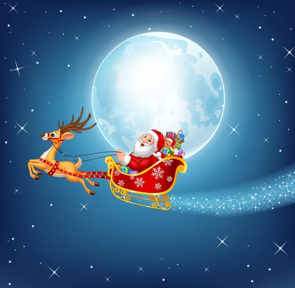 Happy Santa in his Christmas sled being pulled by reindeer on a night sky background — Stock Vector