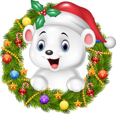 Şirin Bebek kutup ayısı şeritler, toplar ve yay ile Noel çelenk holding