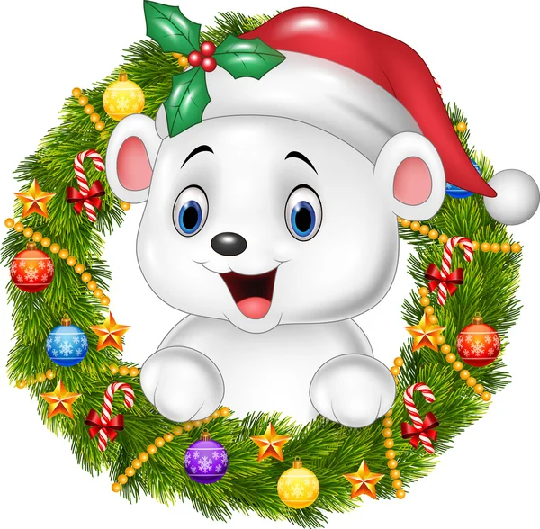 Cute baby polar bear holding Christmas Wreath with ribbons, balls and bow — Stock Vector