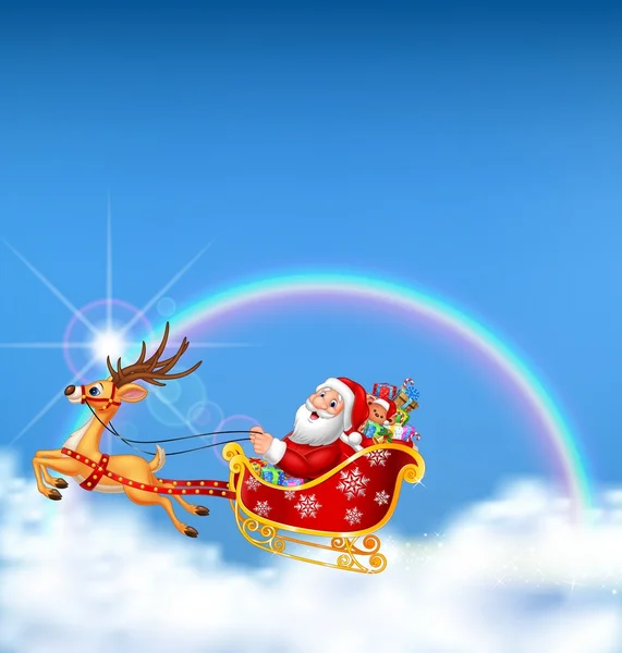 Feliz Papai Noel em seu trenó de Natal sendo puxado por renas no fundo do arco-íris nublado — Vetor de Stock