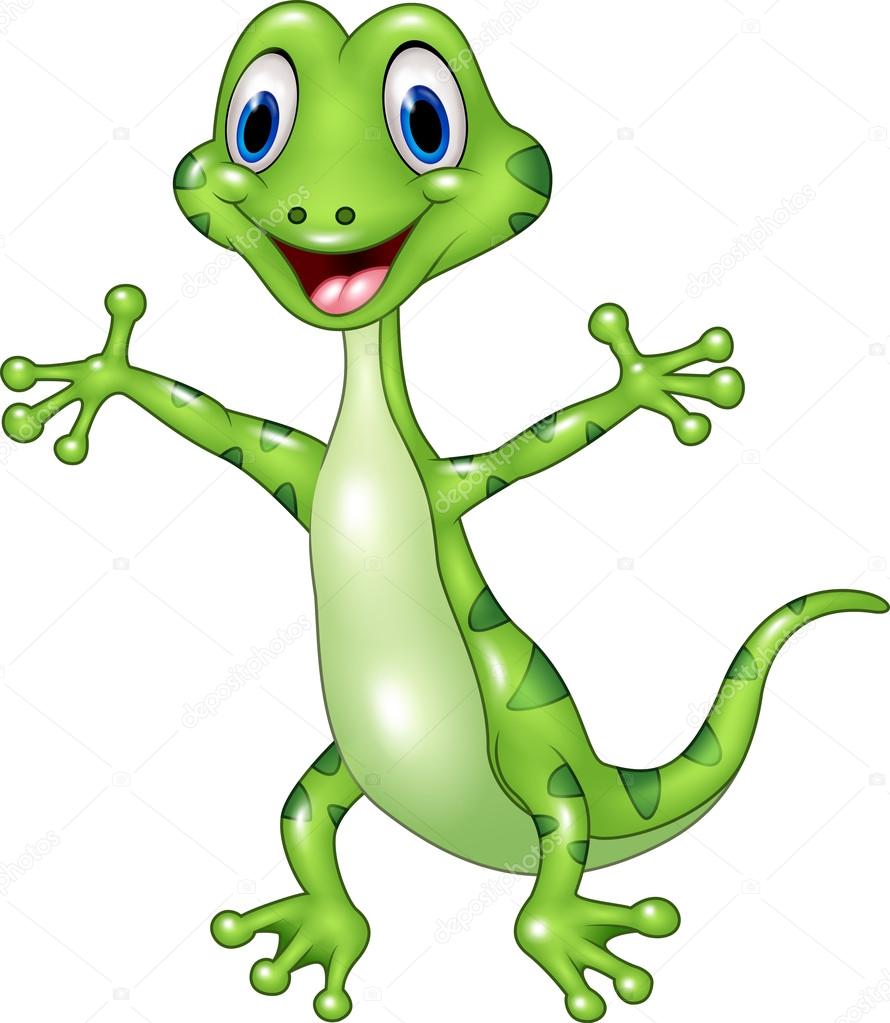 Cartoon funny green lizard posing isolated on white background