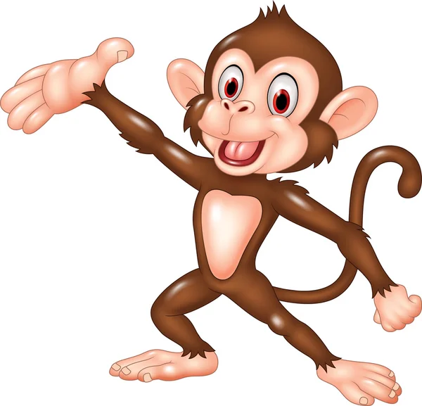 Dibujos animados divertido mono presentando aislado sobre fondo blanco — Vector de stock