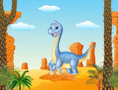 Çizgi film anne ve bebek dinozorlar çöl arka planında yumurtadan çıkıyorlar.