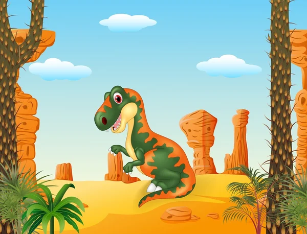 Desenhos animados tiranossauro engraçado com o fundo do deserto —  Vetores de Stock
