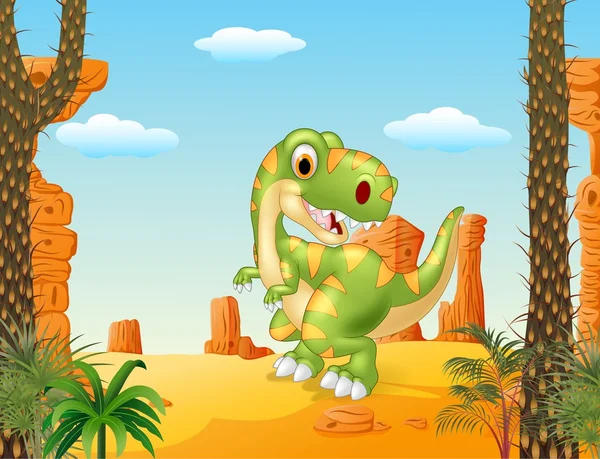 Cartoon dinossauro tyrannosaurus olha para os lados com fundo deserto —  Vetores de Stock