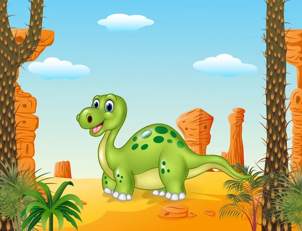 Tecknad Happy dinosaurie med förhistorisk bakgrund — Stock vektor