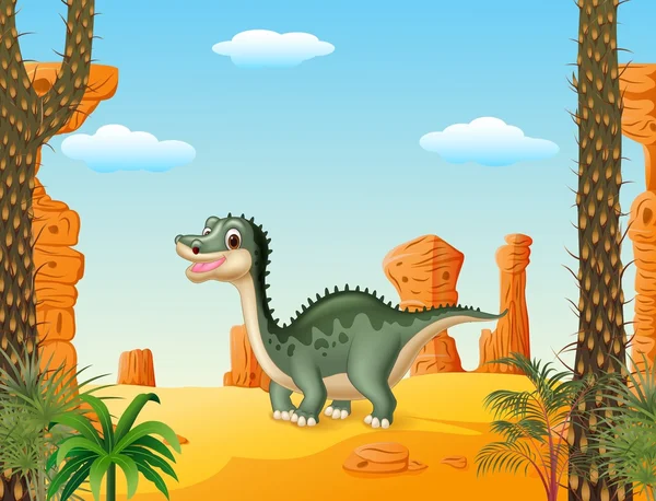Cartoon niedlicher Dinosaurier mit prähistorischem Hintergrund — Stockvektor