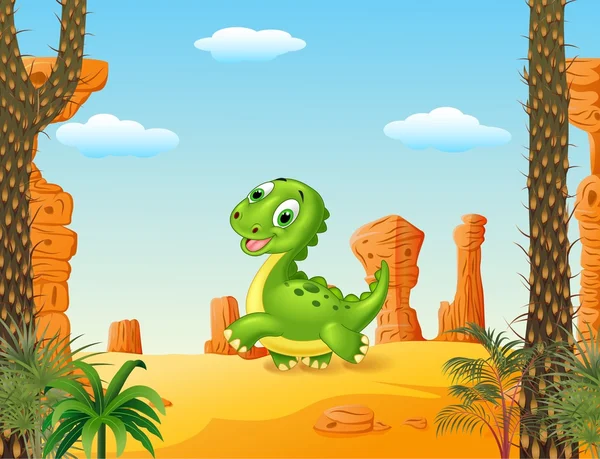 Dinosaurio bebé lindo corriendo en el fondo del desierto — Vector de stock