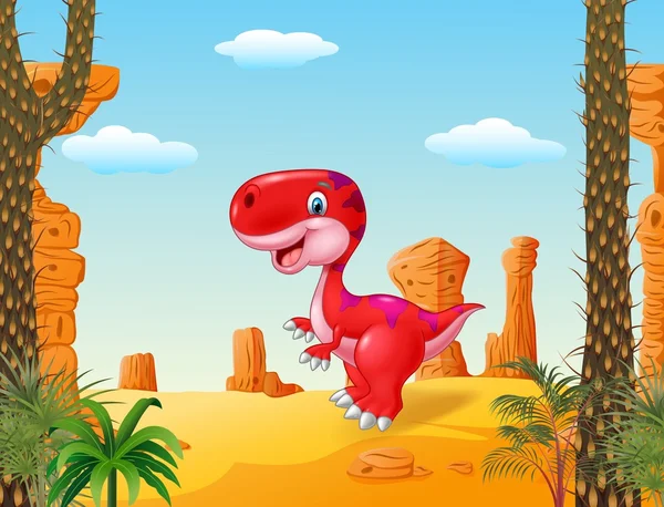 Мультяшний щасливий динозавр з пустельним фоном — стоковий вектор