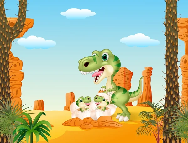 Cartoon-Mutter Tyrannosaurus-Dinosaurier und Baby-Dinosaurier schlüpfen — Stockvektor