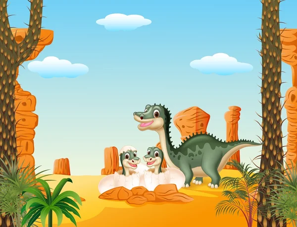 Madre feliz dinosaurio con bebé incubando — Vector de stock