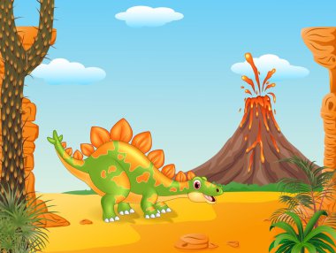 Karikatür komik stegosaurus prehistorik arka plan ile poz