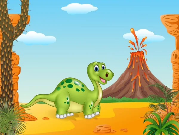 Cartoon dinossauro feliz com fundo pré-histórico —  Vetores de Stock