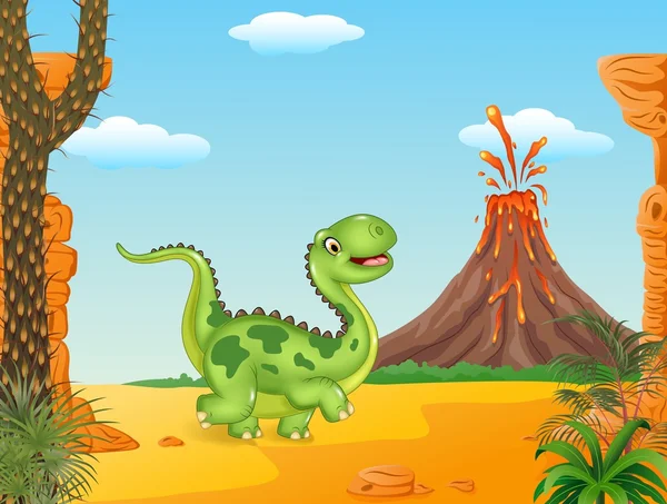 Dibujos animados divertido dinosaurio caminando en el fondo prehistórico — Vector de stock