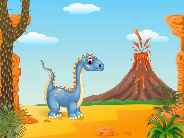 Cartoon funny dinosaur with the prehistoric background