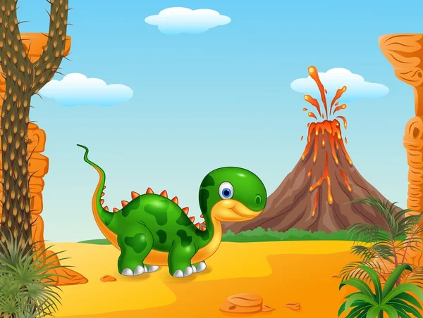 Милый динозавр, позирующий на доисторическом фоне — стоковый вектор